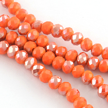Electroplate Glass Faceted Rondelle Bead Strands, Half Plated, Dark Orange, 6x4mm, Hole: 1mm, about 87~90pcs/strand, 15.7 inch
