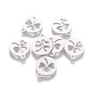 201 Stainless Steel Charms, Flat Round with Clover, Stainless Steel Color, 14x12x1.2mm, Hole: 1.5mm