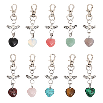 1 Set Heart Shape Gemstone Pendant Decoration, with Alloy Swivel Clasps Charms and Wing Beads, for Keychain, Purse, Backpack Ornament, 80mm