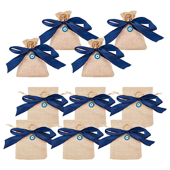 Rectangle Linenette Drawstring Bags, with Blue Polyester Ribbon and Zinc Alloy Enamel Evil Eye Pendants, Floral White, 14.5x10cm
