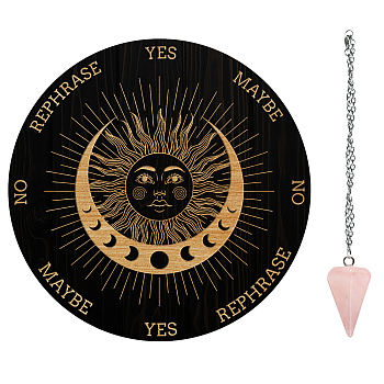 AHADEMAKER 1Pc Wood Pendulum Board, 1Pc 304 Stainless Steel Cable Chain Necklaces, 1Pc Natural Rose Quartz Stone Pendants, for Witchcraft Wiccan Altar Supplies, Sun Pattern, Board: 200x4mm