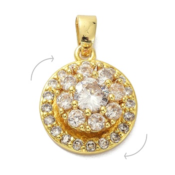 Brass Micro Pave Cubic Zirconia Pendants, Rotatable, Flat Round, Golden, Clear, 14.5x13x7mm, Hole: 4x3mm
