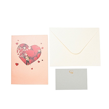 Rectangle 3D Pop Up Paper Greeting Card, with Paper Card and Envelope, Valentine's Day Wedding Birthday Invitation Card, Heart, 200x150x3mm, Open: 200x300x130mm