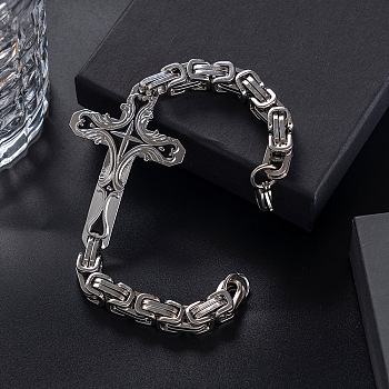 Gothic Style Cross 304 Stainless Steel Link Bracelets, Byzantine Chains Bracelets for Men Women, Stainless Steel Color, 8-5/8 inch(22cm)