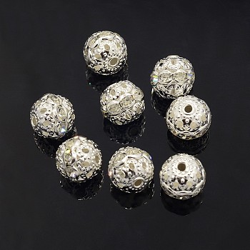 Brass Rhinestone Beads, Grade A, Silver Color Plated, Round, Crystal, 10mm, Hole: 1.2mm