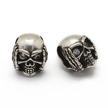Brass Micro Pave Grade AAA Cubic Zirconia Beads, Cadmium Free & Nickel Free & Lead Free, Skull, Clear, Thailand Sterling Silver Plated, 11x10x9.5mm, Hole: 3x6mm