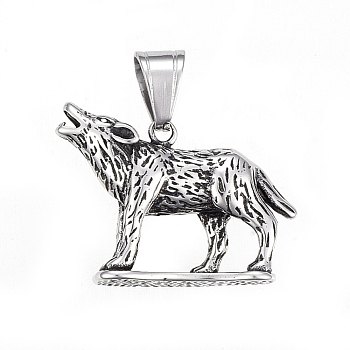 304 Stainless Steel Pendants, Howling Wolf Pendants, Antique Silver, 25x34x9mm, Hole: 10x7mm