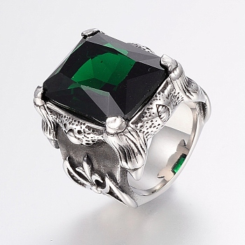 304 Stainless Steel Finger Rings, with Cubic Zirconia, Rectangle, Green, 17~22mm