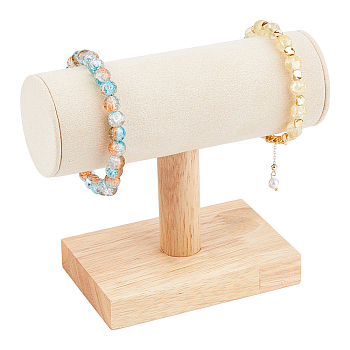 Velvet T-Bar Bracelet Display Stands with Wood Base, Jewelry Organizer Holder for Bracelet Watch Storage, Antique White, 15x7x12.3cm