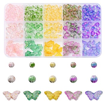 410Pcs 15 Style Transparent Spray Painted Glass Beads, with Golden Foil, Butterfly & Round, Mixed Color, 6~9x6~15x4~9mm, Hole: 1~1.5mm