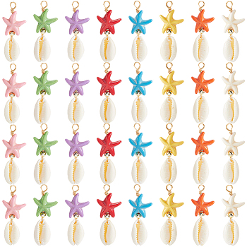 40Pcs Starfish Dyed Synthetic Turquoise & Natural Cowrie Shell Pendants, with Non-magnetic Synthetic Hematite Beads and Copper Wire Loops, Golden, Mixed Color, 32.5x14x7mm, Hole: 2.4mm