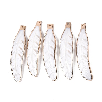 Natural Shell Carved Big Pendants, Brass Bezeled Feather Charms, Light Gold, Seashell Color, 71~72x16~16.5x2~3mm, Hole: 1.5~1.6mm