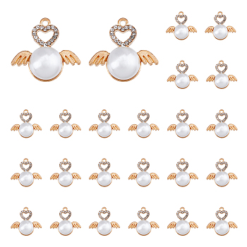40Pcs Alloy Rhinestone Pendants, with ABS Plastic Imitation Pearl, Heart and Wing, Golden, 24x25.5x12mm, Hole: 1.5mm