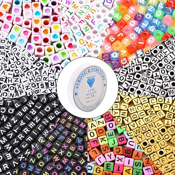 1800Pcs 200Pcs/Style 9 Styles DIY Jewelry Set Making, Bracelet with Opaque & Transparent & Plated & Spray Painted & Antique Style Acrylic Beads, Cube and Elastic Crystal Thread, Mixed Color, 1800Pcs/Bag