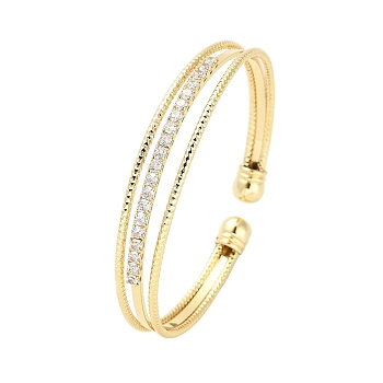 Brass Micro Pave Clear Cubic Zirconia 3-Line Open Cuff Bangles for Women, Real 18K Gold Plated, 1/4~3/8 inch(0.7~0.95cm), Inner Diameter: 2-1/4x2 inch(5.7x5cm)