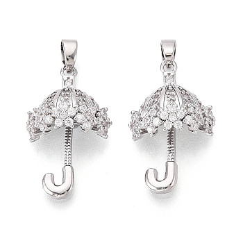 Brass Micro Pave Cubic Zirconia Pendants, Umbrella Charms, Platinum, 23.5x14x7.5mm, Hole: 4.5x2.5mm