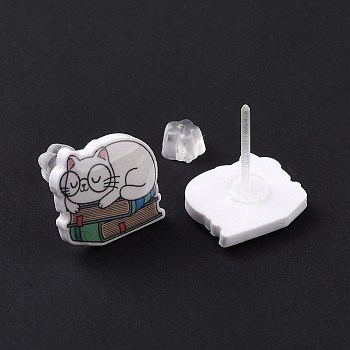 Acrylic Cat Stud Earrings with Platic Pins for Women, White, 12x14mm, Pin: 1mm