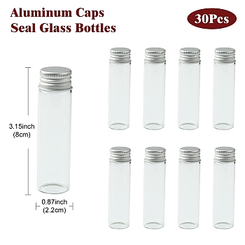 30Pcs Empty Glass Bead Storage Tubes, with Platinum Plated Screw Aluminum Cap and Silicone Stopper, Column, Clear, 8x2.2cm, Capacity: 20ml(0.68fl. oz)