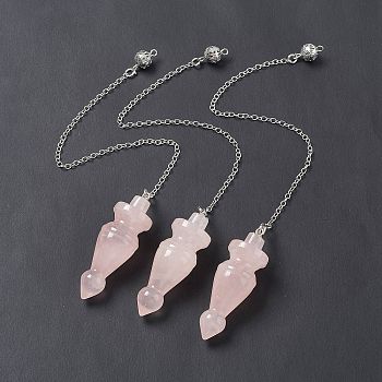 Natural Rose Quartz Pointed Dowsing Pendulums, with Rack Plating Brass Findings, Cadmium Free & Lead Free, Cone, 232x2.5mm, Hole: 1.2~1.8mm