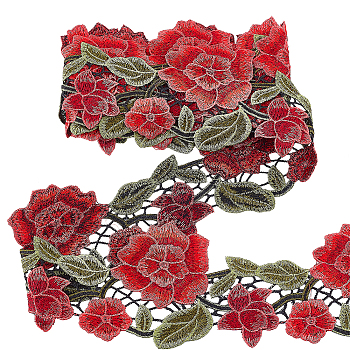 Elite Embroidery Polyester Lace Ribbons, Jacquard Ribbon, Rose, Red, 4-1/8 inch(105mm), about 3.28 Yards(3m)/Set