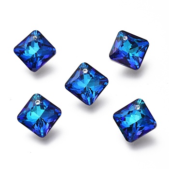 Glass Rhinestone Pendants, Back Plated, Faceted, Square/Rhombus, Bermuda Blue, 11.5x11.5x5mm, Hole: 1.2mm