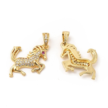Brass Micro Pave Cubic Zirconia Pendants, Horse Charm, Golden, Clear, 15.5x21.5x3mm, Hole: 5x3mm