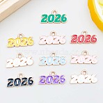 10Pcs Alloy Enamel Pendants, Number 2026 Charm, Light Gold, Mixed Color, 9x18x1mm, Hole: 1.8mm(PALLOY-D314-06KCG)
