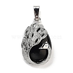 Natural Obsidian Teardrop Pendants, Alloy Peacock Charms, Platinum, 33x19x10mm, Hole: 3.5x9mm(G-G112-03P-12)