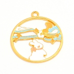 Alloy Enamel Pendants, Flat Round with White Rabbit, Cadmium Free & Lead Free, Golden, 28.5x26x1.2mm, Hole: 2mm(ENAM-WH0047-67G-RS)