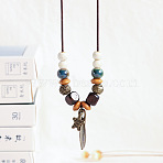 Alloy Pendant Waxed Cord Necklaces, Porcelain & Wood Beaded Necklaces for Women, Antique Bronze, Star, 19.69 inch(50cm)(FS-WGBC2DA-04)