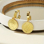 201 Stainless Steel Hoop Earrings, Flat Round with Coin Pattern, Golden, 33x15mm(QX0168)