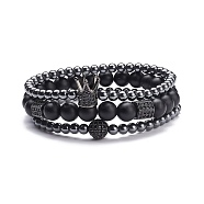 3Pcs 3 Style Round Synthetic Black Stone & Hematite Beaded Stretch Bracelets Set, Gemstone Bracelets with Ball Crown Hexagon for Women, Gunmetal, Inner Diameter: 2 1/4~2-3/8 inch(5.7~6.1cm)(BJEW-JB07688-02)