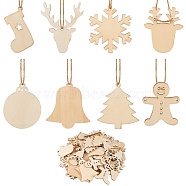8 Bag 8 Style Unfinished Natural Wood Cutouts Ornaments, with Hemp Cord, for Christmas Theme Party Gift Home Decoration, BurlyWood, 1bag/style(WOOD-SZ0001-17)