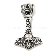 316 Surgical Stainless Steel Pendants, with Rhinestone, Thor's Hammer with Skull Charm, Jet, 42x24.5x8.5mm, Hole: 5x4mm(STAS-E212-89AS-B)