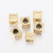 304 Stainless Steel Large Hole Letter European Beads, Horizontal Hole, Cube with Letter.L, Golden, 8x8x8mm, Hole: 5mm(X-STAS-H428-01G-L)