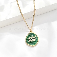 304 Stainless Steel Micro Pave Cubic Zirconia constellation Pendant Necklaces, with Synthetic Malachite, Golden, Aquarius, 17.72 inch(45cm) long+50mm extender(NJEW-R021-01G-11)