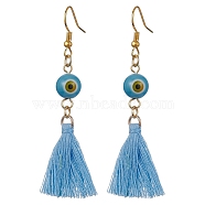 Evil Eye Lampwork & Tassel Earrings, Golden Iron Long Dangle Earrings, Deep Sky Blue, 70~72x17~22mm(EJEW-JE05592-01)
