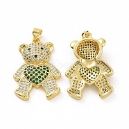 Brass Micro Pave Clear Cubic Zirconia Pendants, Bear, Green, 30x20.5x5.5mm, Hole: 3.5x5mm(ZIRC-F135-26G-01)