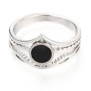 304 Stainless Steel Finger Rings, with Resin, Flat Round, Black, Stainless Steel Color, US Size 7, Inner Diameter: 17mm(RJEW-J071-03P-7)