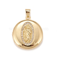 Brass Micro Pave Cubic Zirconia Locket Pendants, Photo Frame Charms for Necklaces, Real 18K Gold Plated, Lead Free & Cadmium Free, Flat Round with Saint, Clear, 23x20x5mm, Hole: 4x3mm, Inner Diameter: 15mm(KK-A161-53G)