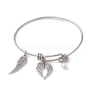 304 Stainless Steel Expandable Bangle, Wings Alloy Charm Bangle, Antique Silver, Inner Diameter: 2-1/8~2-1/4x2-1/2~2-1/2 inch(5.5~57x6.3~6.5cm)(BJEW-JB10008)