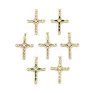 Real 18K Gold Plated Brass with Glass Pendants, Cross, Mixed Color, 42.5x29.5x4mm, Hole: 3.5x3.9mm(KK-A209-32G)