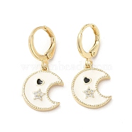 Moon & Star Real 18K Gold Plated Brass Dangle Leverback Earrings, with Enamel and Cubic Zirconia, White, 28x13mm(EJEW-L268-029G-01)