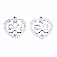 201 Stainless Steel Pendants, Laser Cut, Heart with Flower, Stainless Steel Color, 17.5x15.5x1mm, Hole: 1.4mm(STAS-T044-215P)