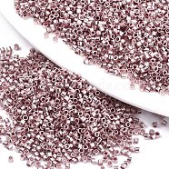 11/0 Grade A Glass Seed Beads, Cylinder, Uniform Seed Bead Size, Metallic Colours, Pink, 1.5x1mm, Hole: 0.5mm, about 20000pcs/bag(SEED-S030-1222)