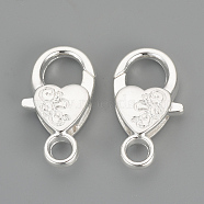 Alloy Lobster Claw Clasps, Heart, Silver Color Plated, 26.5x15x6.5mm, Hole: 4mm(PALLOY-R070-11S)