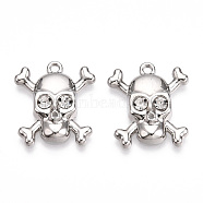 Rack Plating Alloy Rhinestone Pendants, Cadmium Free & Nickel Free & Lead Free, Skull Charms, Platinum, 21.5x19x4mm, Hole: 1.6mm(PALLOY-N176-108A-P)