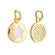 Brass Enamel Charms, with Jump Rings, Long-Lasting Plated, Flat Round with Star, Real 18K Gold Plated, 12.5x10x2mm, Hole: 3mm, 10pcs/box(KK-BC0004-60)