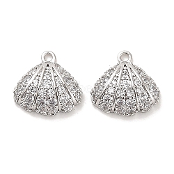 Brass Micro Pave Clear Cubic Zirconia Charms, Shell, Real Platinum Plated, 10.5x11x4mm, Hole: 1mm(KK-C054-05P)