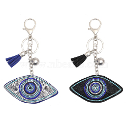 Globleland 2Pcs 2 Colors Handmade Turkish Evil Eye Rhinestone Pendant Keychain with Tassel Charm, for Handbag Backpack Car Key Decoration, Mixed Color, 15cm, 1pc/color(KEYC-GL0001-03)